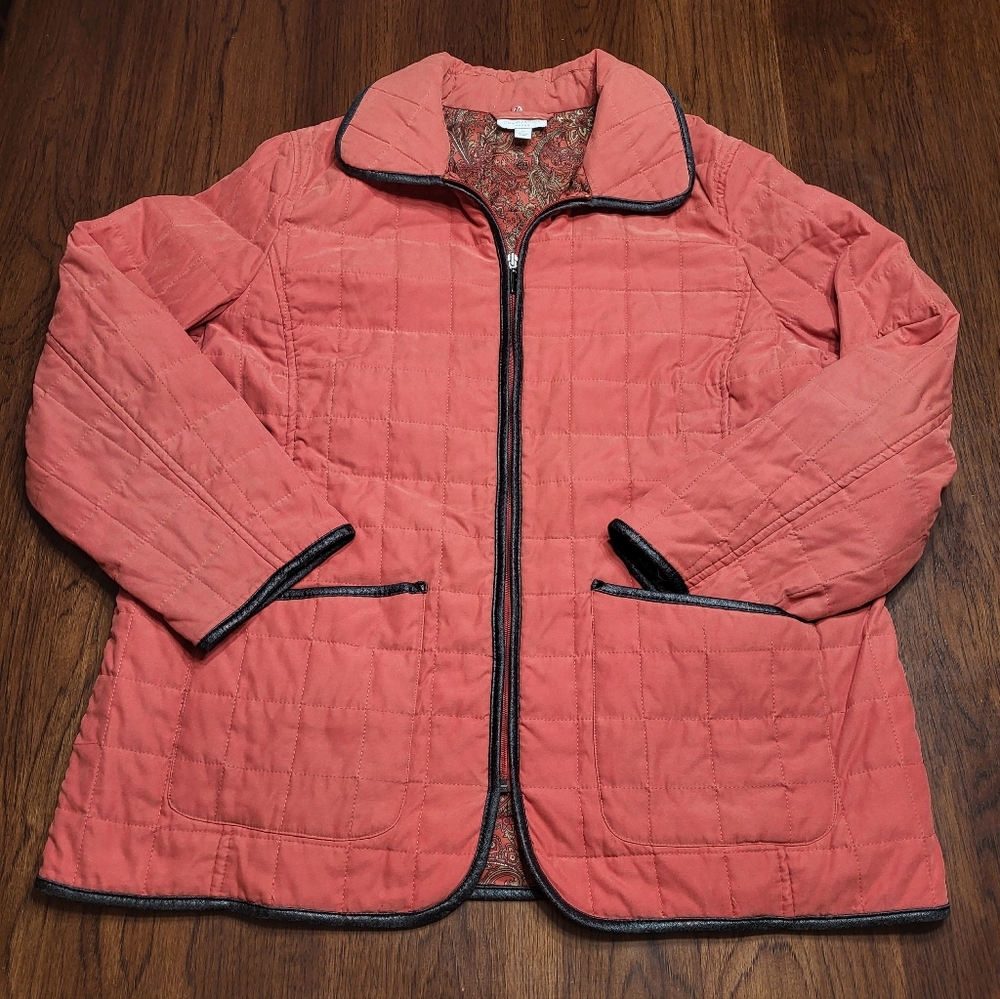 Charter Club Women's 1X Coral Paisley Lined Black Trim Quilted Casual Jacket